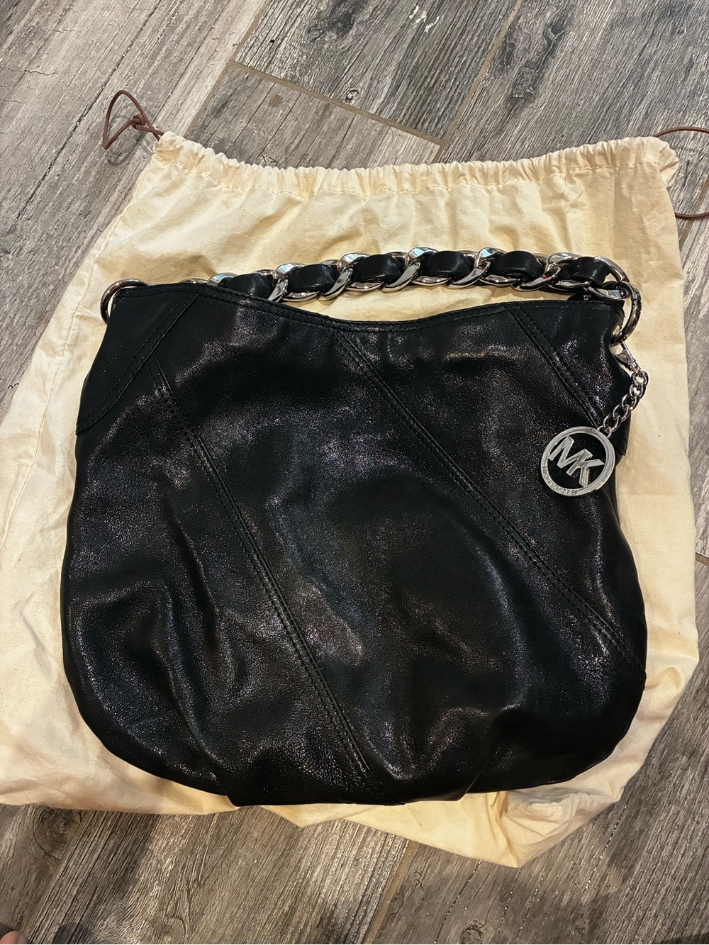 Michael Kors Black Leather Shoulder Bag with Chain-Link Handle
